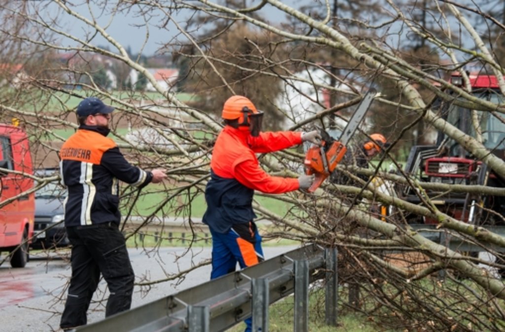 Rettungskräfte schaffen nahe dem niederbayerischen Oberschneiding (Bayern) einen umgestürzten Baum von einer Straße.