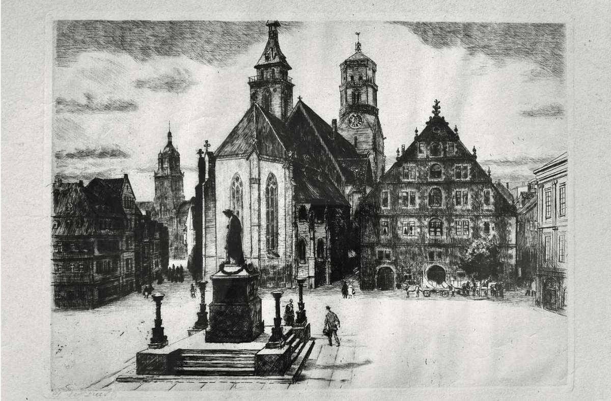 Diese Radierung entstand 1941. Es zeigt den Schillerplatz mit dem Schillerdenkmal. Die Gebäude dahinter von links nach rechts: der König von England, das Rathaus (im Hintergrund), der Fruchtkasten und Teile des Prinzenbaus.