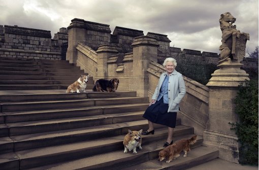 Annie Leibovitz hat Queen Elizabeth hier in Windsor Castle aufgenommen, mit den Hunden (von links oben) Willow, Vulcan, Candy und Holly Foto: © 2016 ANNIE LEIBOVITZ via AP