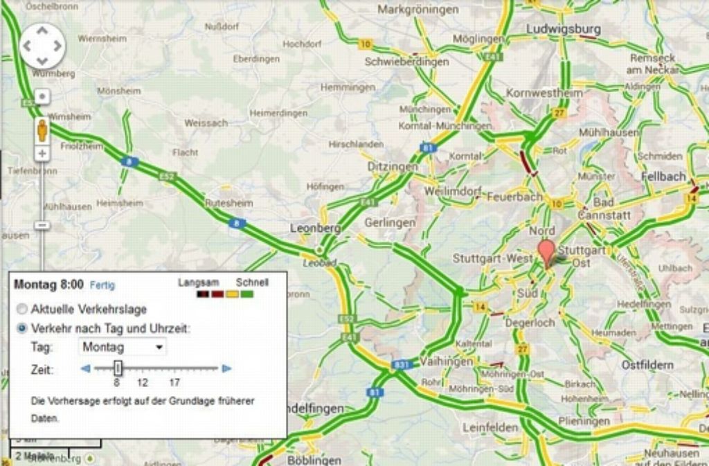 Montagmorgens sieht die Verkehrslage in und um Stuttgart schon anders aus.
