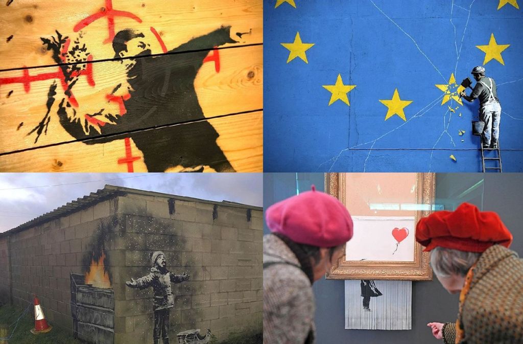 Das alles ist Banksy: Das Schredder-Bild „Love is in the Bin“ (unten rechts) ist von 7. März an in Stuttgart in der Staatsgalerie. Was es mit den anderen Motiven auf sich hat, erfahren Sie in unserer Bildergalerie.