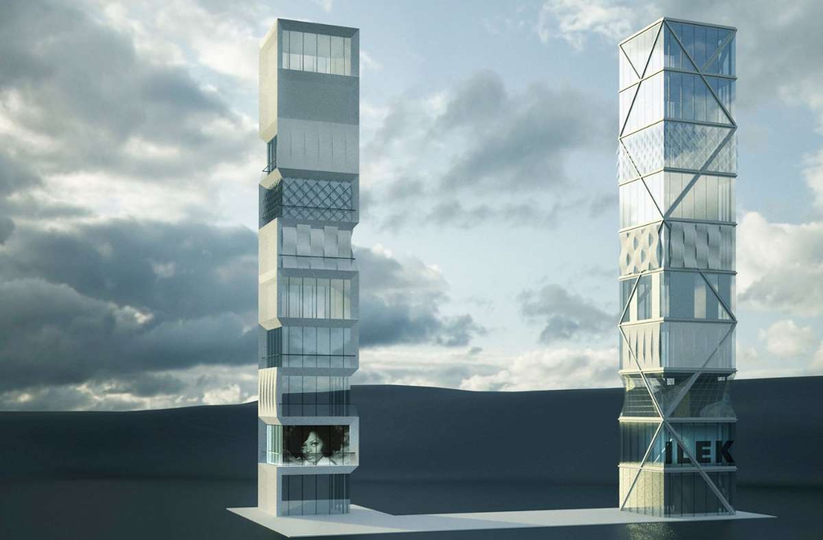 Das Demonstrator-Hochhaus – das Bild zeigt eine Simulation – soll innovative adaptive Fassaden und Tragwerke zur Schau stellen und testen; es wird derzeit auf dem Vaihinger Unigelände gebaut.