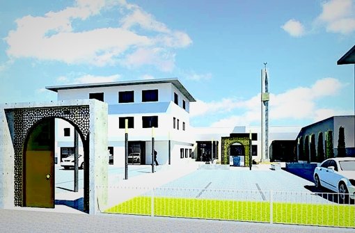 Die geplanten  Außenanlagen und das Minarett sollen die Moschee als religiöses Zentrum inmitten eines Gewerbegebietes sichtbar machen. Foto: Adis Talic, Adnan Delic, Markus Hartmann