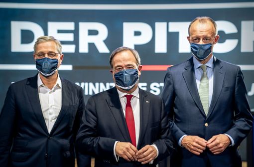 Wer ist als CDU-Chef am besten geeignet? Norbert Röttgen (von links), Armin Laschet und Friedrich Merz kämpfen mit Maske und harten Bandagen. Foto: dpa/Michael Kappeler