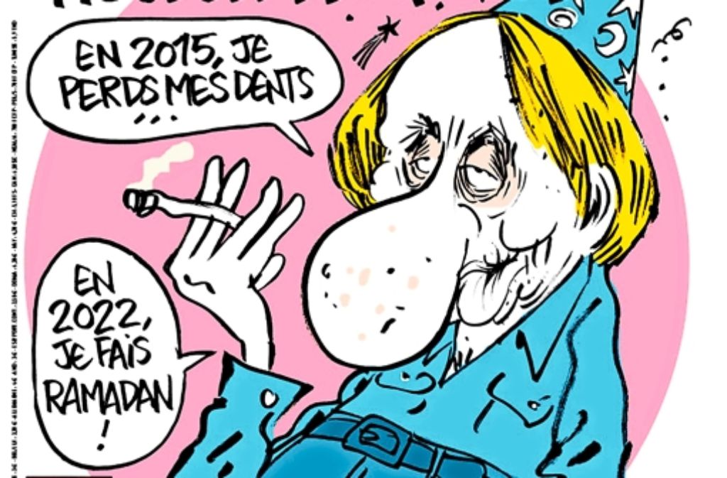 Die aktuelle Titelseite des Satiremagazins „Charlie Hebdo“ ziert das Konterfei des (auch in Wirklichkeit durchaus vom Leben gezeichneten) Schriftstellers Michel Houellebecq.