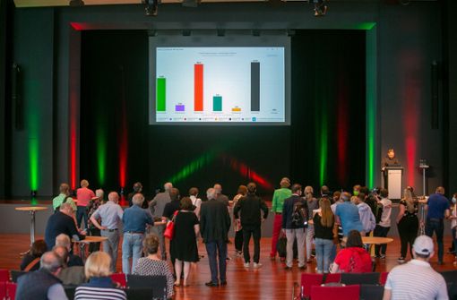 Wahlabend. Das Ergebnis wird in der Halle des Neckar-Forums präsentiert. Foto: Roberto Bulgrin