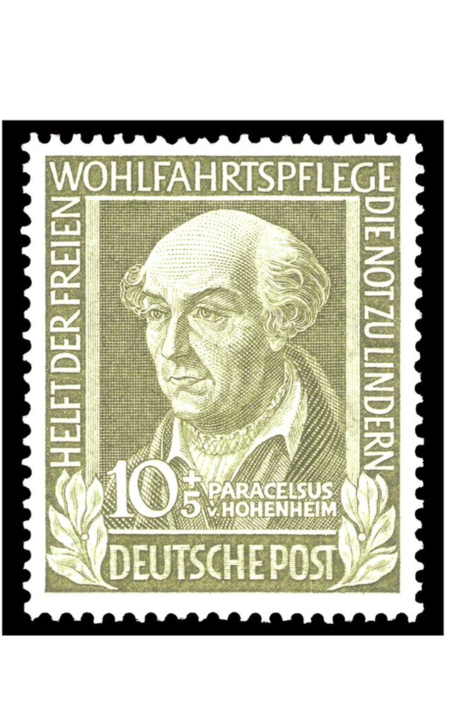 „Paracelsus von Hohenheim (1493–1541) – Philosoph und Arzt (Ausgabedatum: 14. Dezember 1949; gültig bis 31. März 1951; Auflage: sechs Millionen).Wikipedia commons/NobbiP