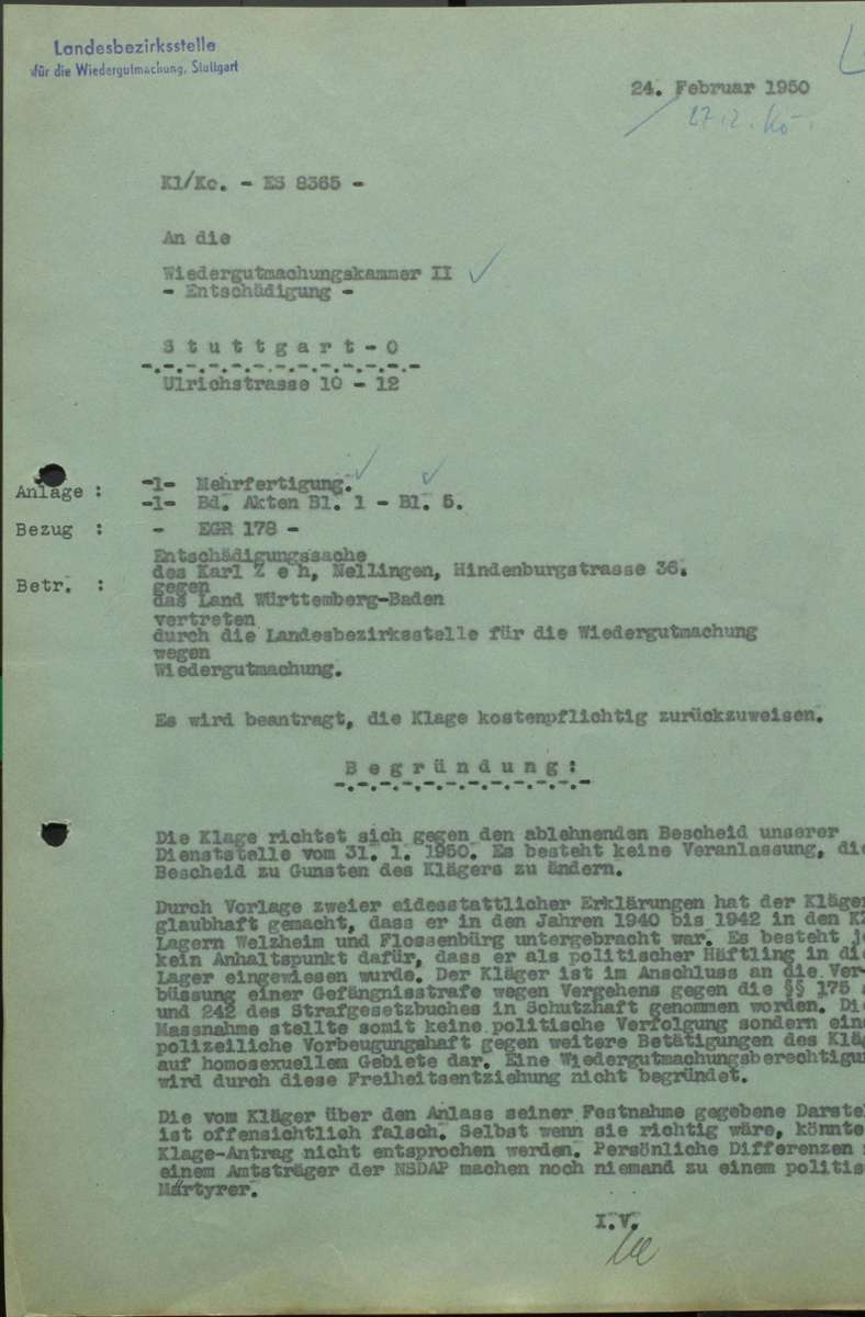 Der Bescheid über die Ablehnung einer Entschädigung für Karl Zeh, der jahrelang wegen seiner Homosexualität in Konzentrationslagern interniert war.