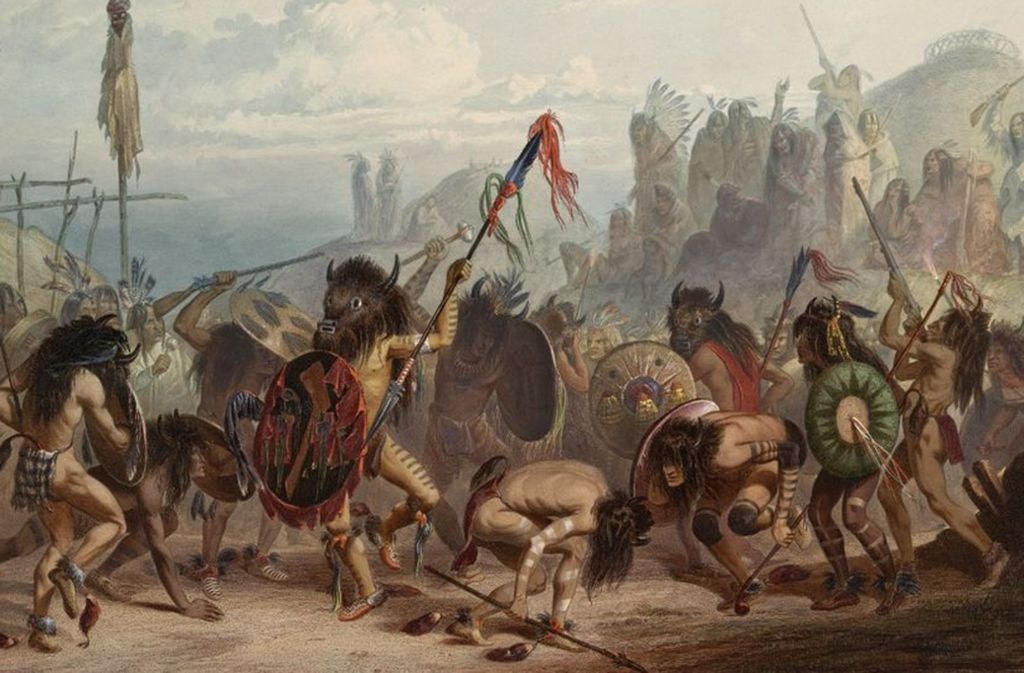 Bison-Tanz der Mandan (Zeichnung von Karl Bodmer, um 1832-1834), ein klassischer Tanz von Prärieindianern für eine gute Jagd.