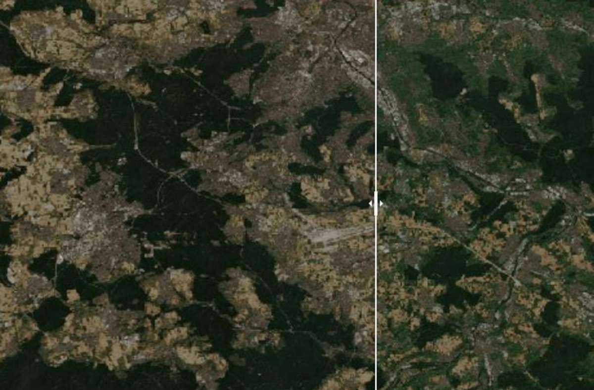 Stuttgart im August 2022 (links) und 2021, in der Bildmitte ist der Flughafen zu erkennen – und die Folgen der wochenlangen Trockenheit. Foto: Copernicus/Vertical52 (Recherche)