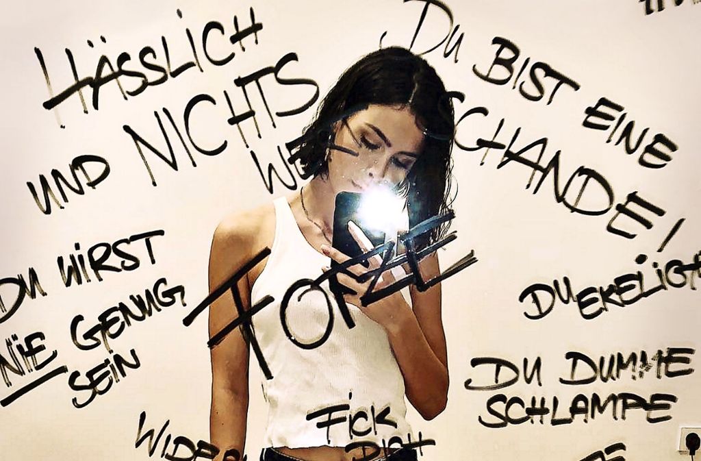 Ihre 2,5 Millionen Instagram-Abonnenten konfrontierte die Sängerin Lena Meyer-Landrut im November mit diesem Selfie vor einem Spiegel. Darauf hatte sie einige der Beleidigungen geschrieben, denen sie täglich ausgesetzt ist. Foto: Instagram
