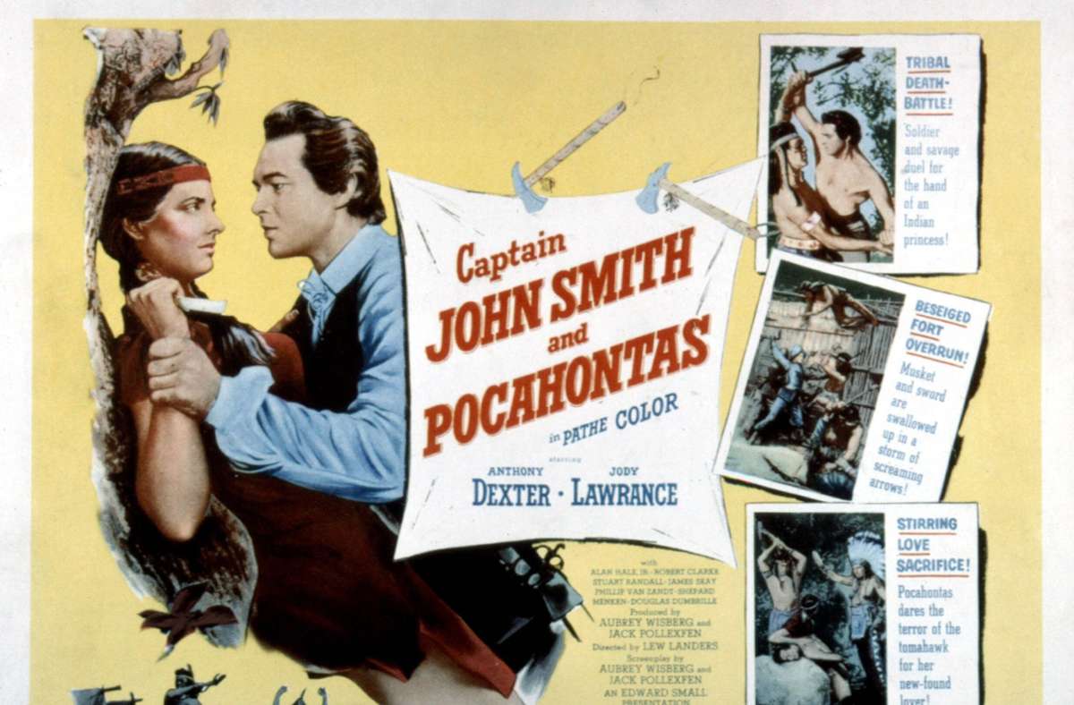 Disney hat das Pocahontas-Thema nicht als erstes Studio aufgegriffen. Hier ein Plakat zum Spielfilm „Captain John Smith and Pocahontas“ von 1953 mit Jody Lawrance als Pocahontas und Anthony Dexter als John Smith, einer besonders unangenehmen Verarbeitung des Stoffs. .
