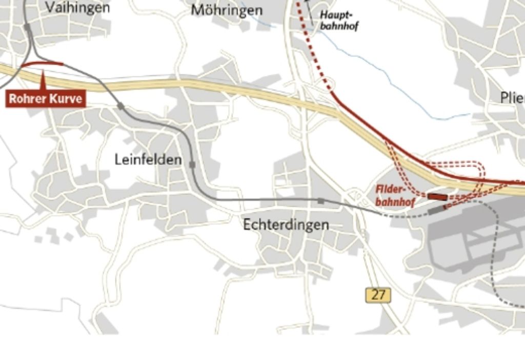 Die Antragstrasse – Streckenführung auf den Fildern: Nach Ulm würde man durch den Anschluss an die Neubaustrecke nur noch 29 Minuten (bisher 104) brauchen.