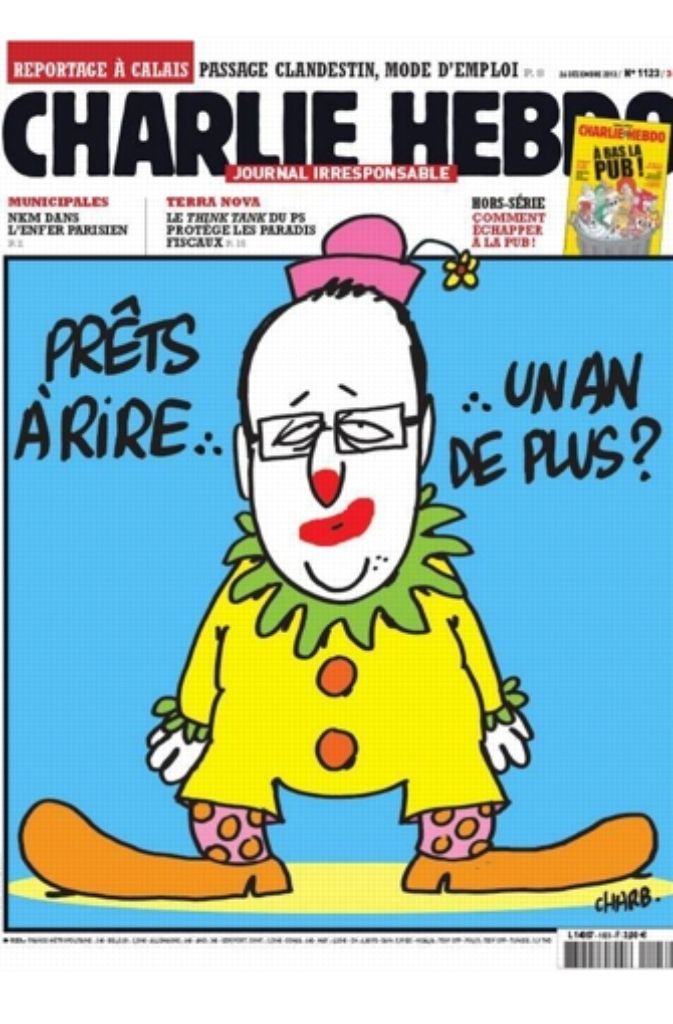 Bereit zu Lachen – für ein weiteres Jahr?, schreiben die Karikaturisten über Francois Hollande, der als Clown dargestellt wird.
