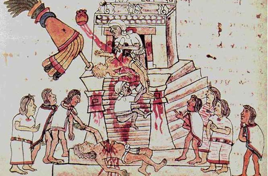 Darstellung von Menschenopfern zu Ehren des Gottes Huitzilopochtli (um 1570), der Kriegs- und Sonnengott und Schutzpatron der Hauptstadt Tenochtitlán.