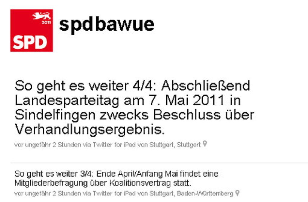 Dafür twittert seine Partei, was die SPD in Baden-Württemberg in den nächsten Wochen treibt: Koalitionsverhandlungen mit den Grünen, Regionalkonferenzen und ein Landesparteitag am 7. Mai.