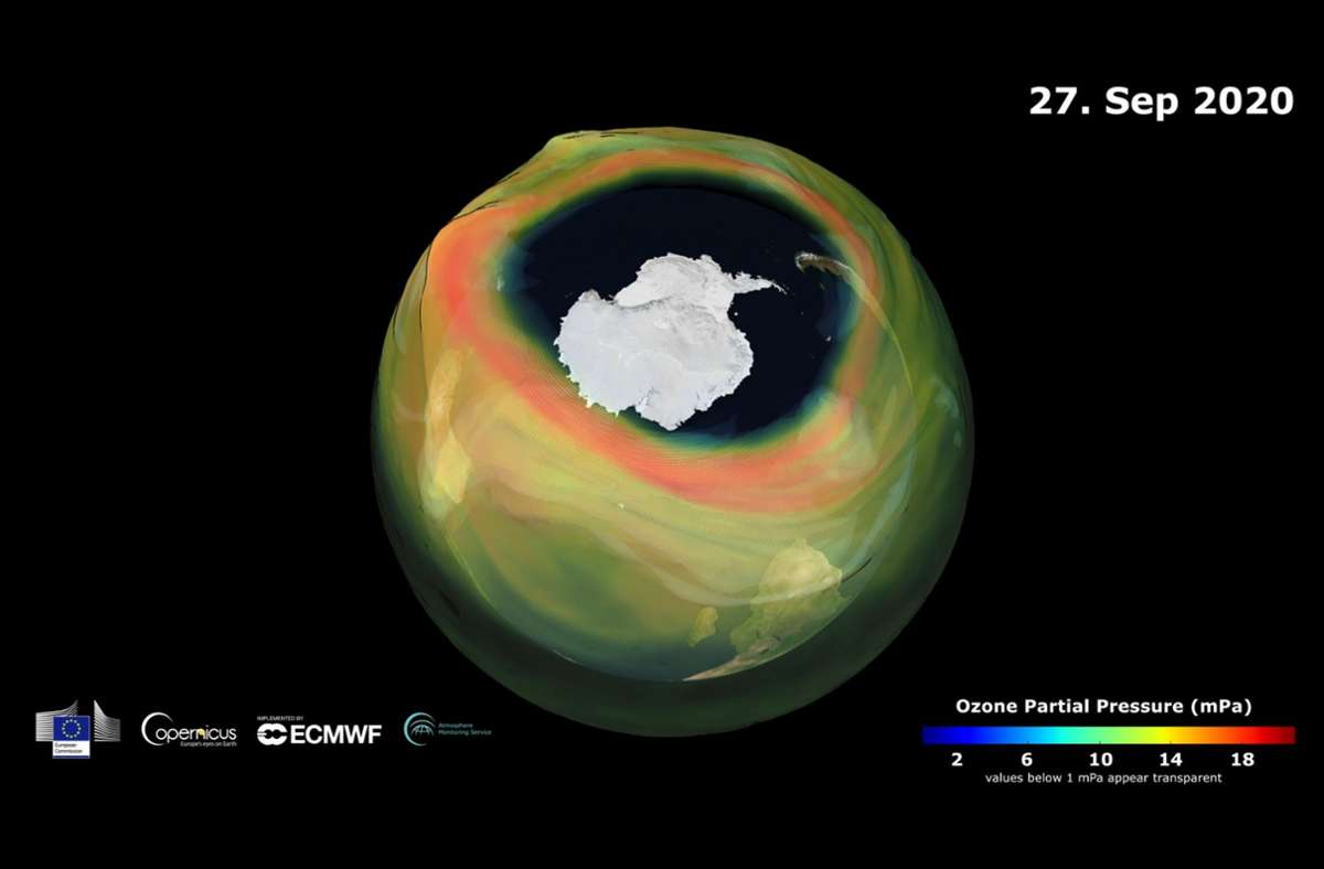 Grafische Darstellung eines Ozonlochs über der Antarktis zeigt dieses in seiner Ausdehnung am 27. September (Bild aus einem Video). Eines der größten und tiefsten Ozonlöcher der vergangenen 15 Jahre hält sich über der Antarktis.