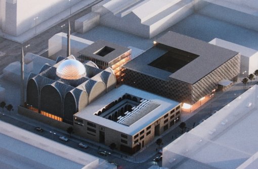 Direkt an der Mauserstraße (r.) soll eine neue Moschee, ein Verwaltungsgebäude und vielleicht auch ein Kongresszentrum gebaut werden. So sieht der Entwurf des Büros SL Rasch aus, der bei den Mitgliedern des Stuttgarter Ditib-Vereins gut angekommen ist. Foto: Ströbele