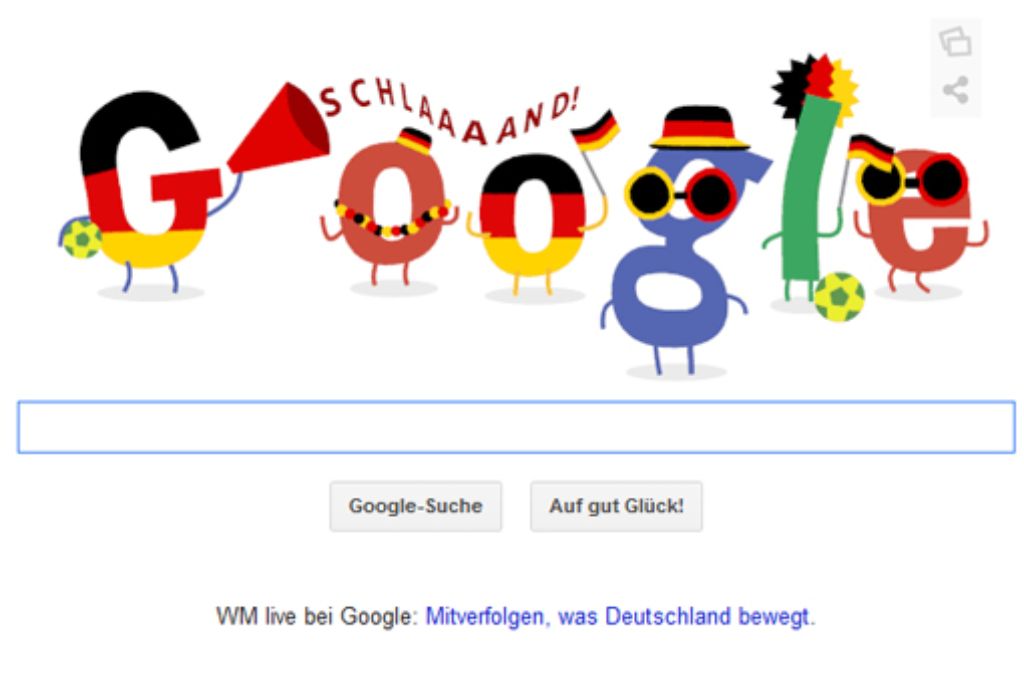 16. Juni 2014: Deutschland startet gegen Portugal in die Fußball-WM 2014 in Brasilien. Zu diesem Anlass spendiert Google den deutschen Fans einen "Schlaaaaand!"-Suchschlitz.