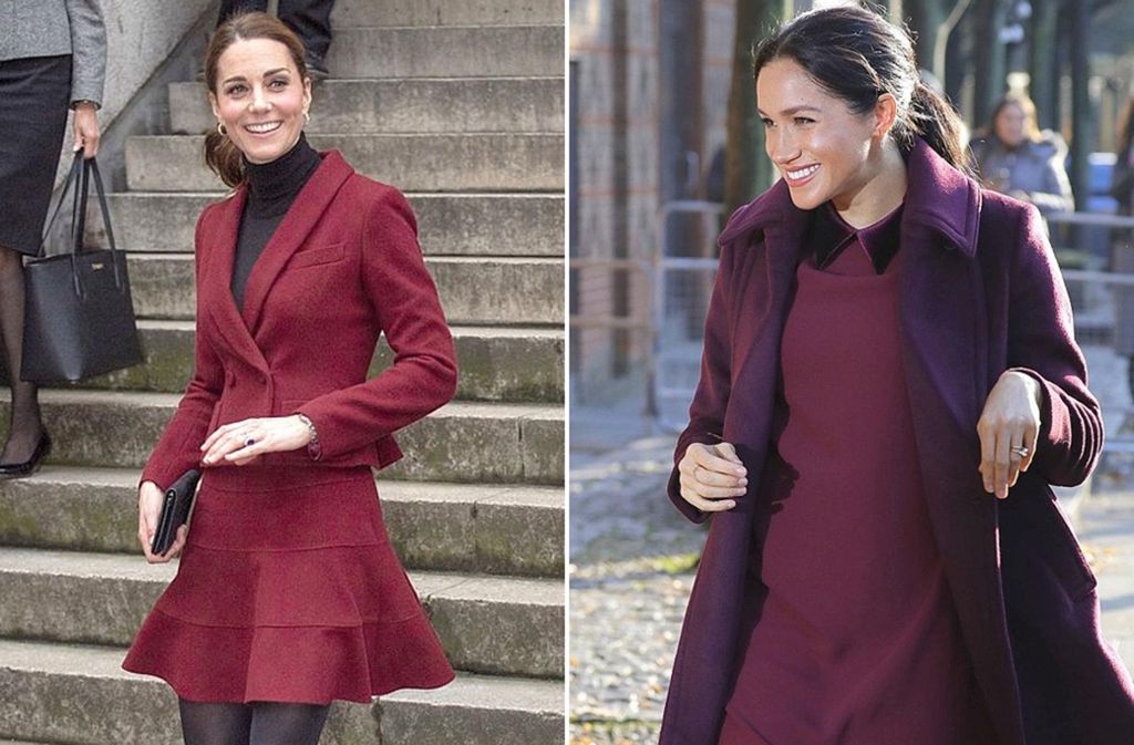 Wem steht Weinrot besser? Herzogin Kate (links) oder Herzogin Meghan?