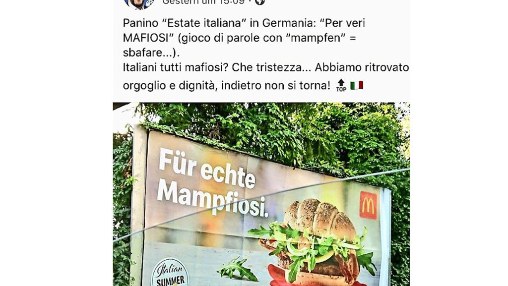  „Für echte Mampfiosi“ – dieses Wortspiel, mit dem McDonald’s in Österreich einen Burger bewirbt, bleibt so manchem Italiener im Halse stecken. Innenminister Matteo Salvini wettert auf Facebook, lenkt den Zorn seiner Mitbürger aber fälschlicherweise auf Deutschland. 