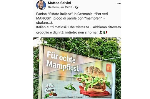 Auf der Facebookseite von Italiens Innenminister Matteo Salvini: Kritik an der Kampagne von McDonalds Österreich – Slavini schreibt sie aber Deutschland zu. Foto:  