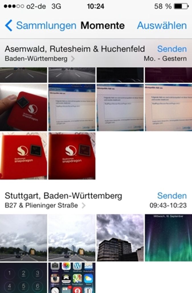 Die Fotos-App zeigt aufgenommene Bilder unter iOS 7 als „Momente“ an – sortiert nach Tagen...