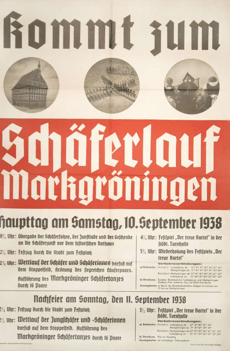 1938 erhielt der Stuttgarter Gebrauchsgrafiker Erich Rohrhirsch den Auftrag, ein Werbeplakat zu gestalten. „Es zeigt einen grafisch-nüchternen Stil, jedoch ohne spezielle Hakenkreuz-Symbolik“, so Edith Holzer-Böhm