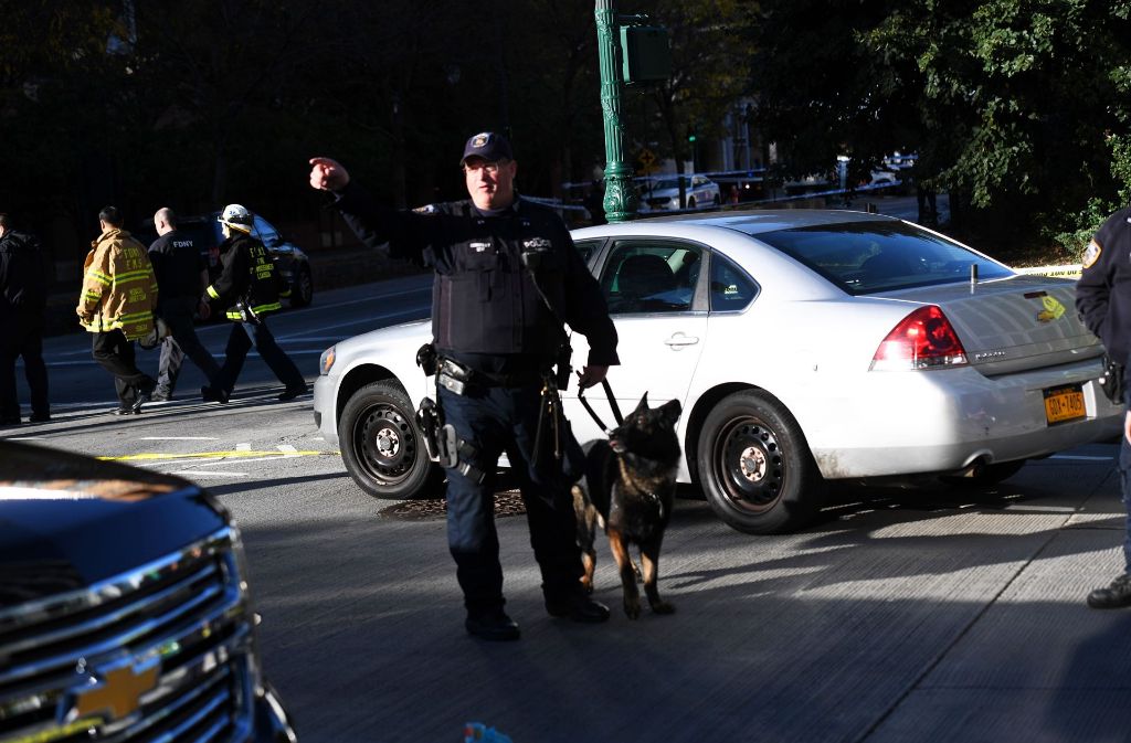 Ein Polizist ist mit einem Hund auf Spurensuche nach dem Täter.