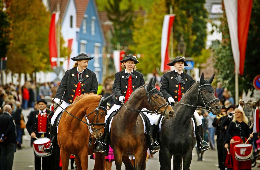 Insgesamt beteiligten sich 2700 Teilnehmer an dem großen Jubiläumsfestzug durch Fellbach – in Uniform oder verkleidet, und manche hoch zu Ross.