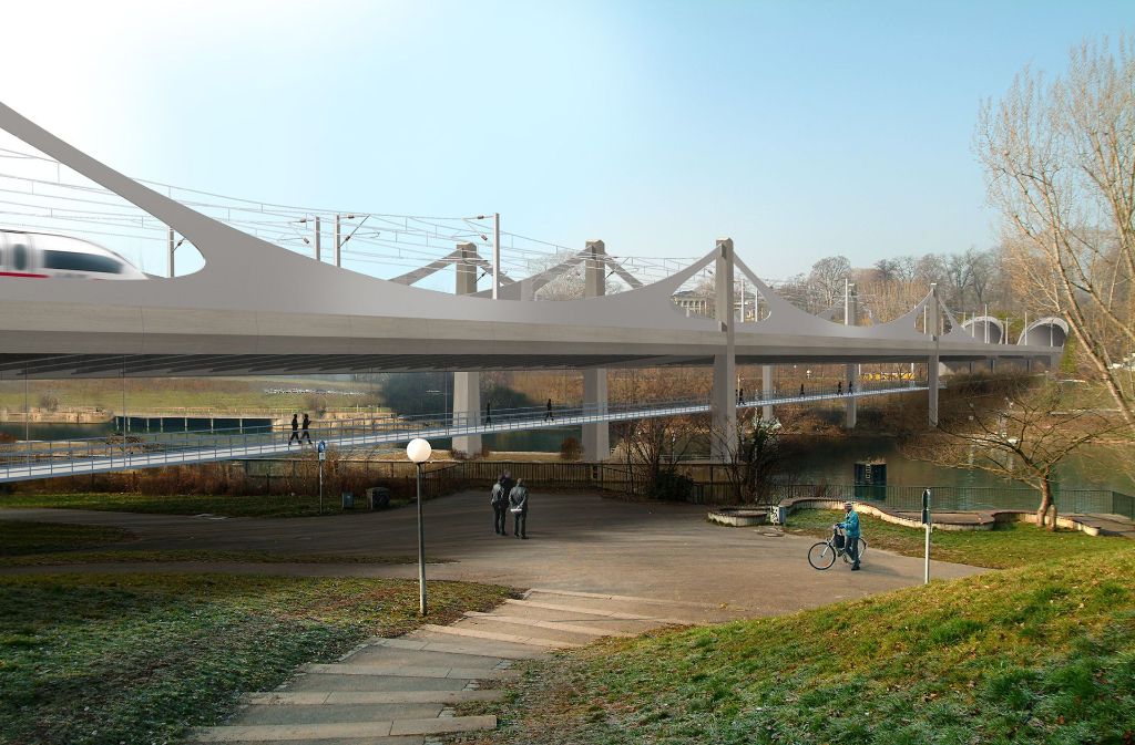 Darstellung der neuen Eisenbahnbrücke vom Ostufer aus gesehen.