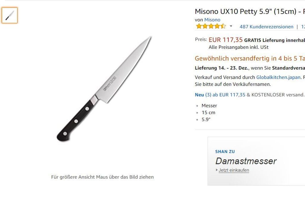Dieses Messer muss wohl besonders scharf sein. M. Michaelis schreibt in seiner Bewertung: „Kann das Messer nicht bestellen, da ich leider schon bei Annäherung an den Bestellbutton alle Finger verloren habe.“