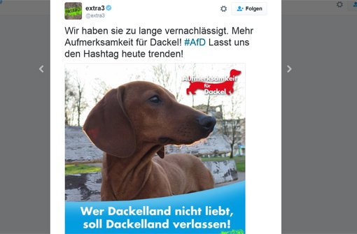 Dackel statt AfD. Auf Twitter läuft eine tierische Kampagne gegen den Parteitag in Stuttgart. Foto: https://twitter.com/extra3