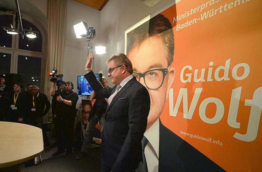 Der Spitzenkandidat der CDU, Guido Wolf, auf der Wahlparty der Partei - die Christdemokraten wurden nur zweitstärkste Kraft in Baden-Württemberg.