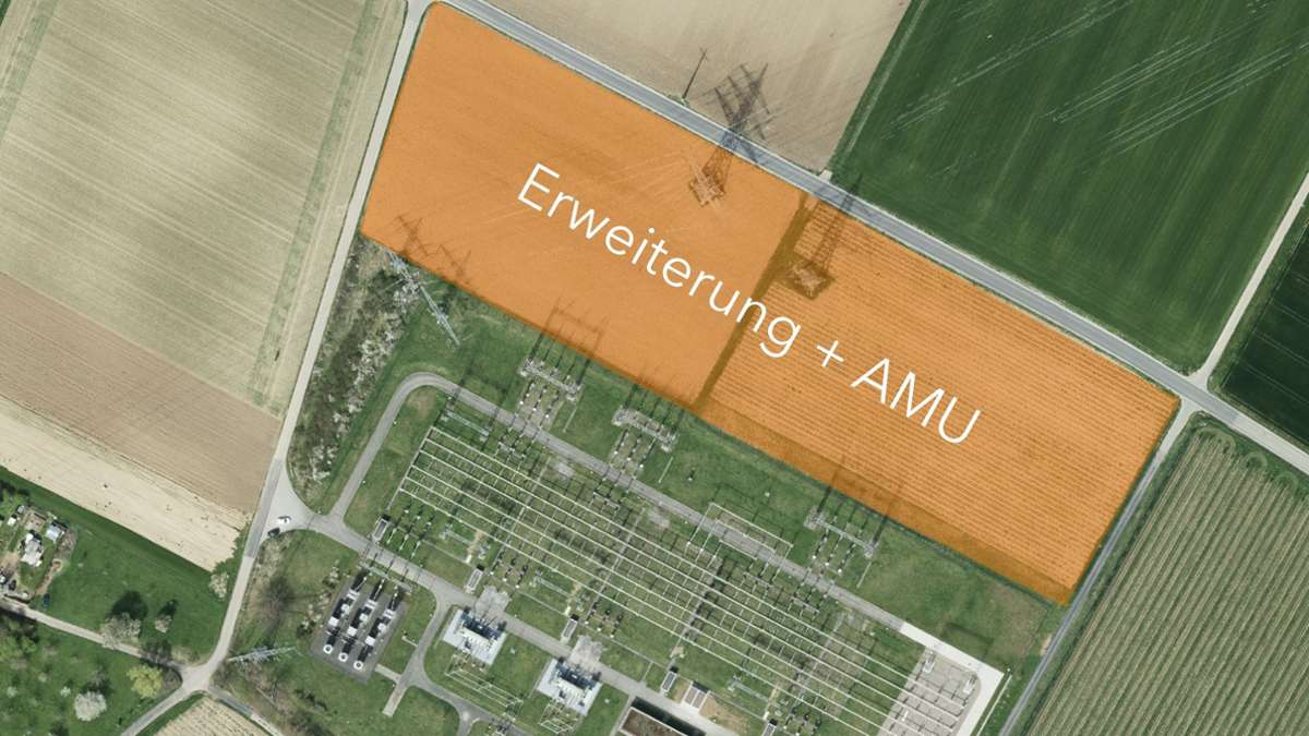 TransnetBW will auf der orangenen Fläche das Umspannwerk erweitern und ein Autarkes Mobiles Umspannwerk (AMU) errichten.