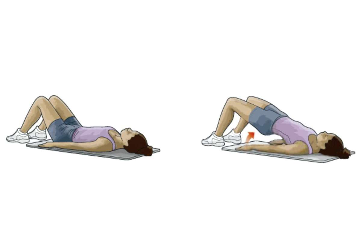 Brücke – aktiviert den großen Gesäßmuskel und die hintere Oberschenkelmuskulatur 1. Legen Sie sich auf den Rücken. Die Knie sind im rechten Winkel gebeugt, die Füße stehen in hüftbreitem Abstand flach auf dem Boden. Die Arme liegen seitlich, die Handflächen zeigen nach unten. Kopf und Schultern sind locker. 2. Die Körpermitte anspannen, den Po langsam anheben, bis Ihr Körper von den Knien bis zur Schulter eine gerade Linie bildet. Den Rücken gerade halten, den oberen Rücken nicht wölben. Am Ende der Bewegung halten, dann die Bewegung umkehren und zur Ausgangsposition zurückkehren.