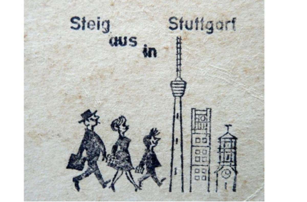 Der Poststempel ist vom 13. 8. 1963 auf der Karte: „Steig aus in Stuttgart“.