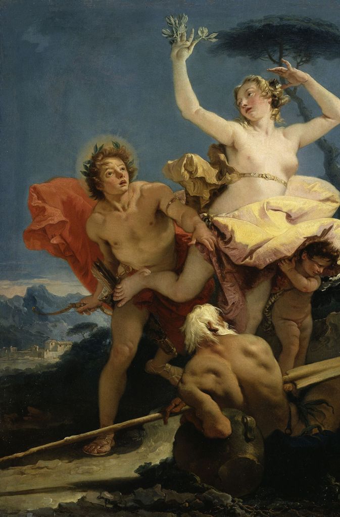 Körperdramaturgie Die Figuren sind eigenwillige verschränkt in „Apoll und Daphne“ (ca. 1743/45). Der kleine Engel hat schwer zu tragen am runtergerutschten Kleid.
